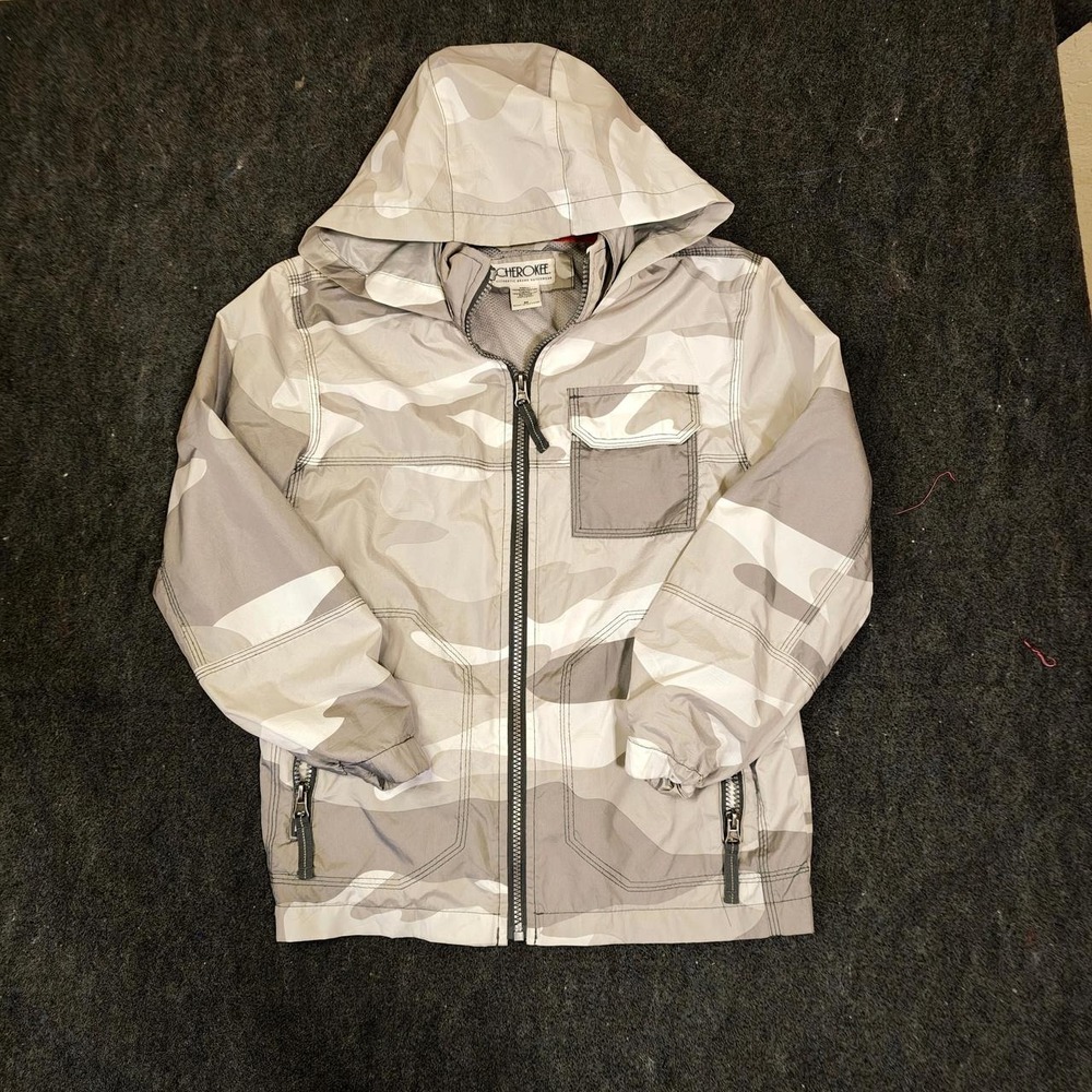 Cherokee Boys Grey White Camo Hooded Windbreaker Jacket Size M 8-10 Zip Up